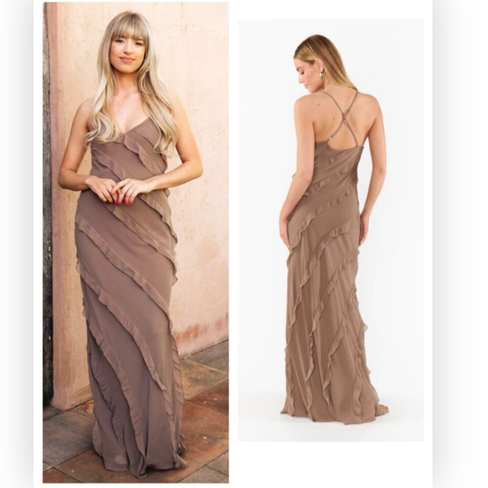 Show Me Your Mumu Romance Ruffle Dress in Dune Chiffon L